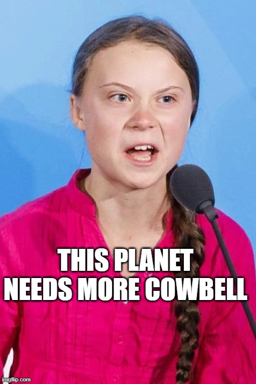 THIS PLANET NEEDS MORE COWBELL | THIS PLANET NEEDS MORE COWBELL | image tagged in greta thunberg | made w/ Imgflip meme maker
