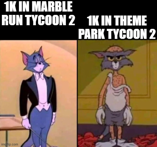 moolah | 1K IN MARBLE RUN TYCOON 2; 1K IN THEME PARK TYCOON 2 | image tagged in rich tom vs poor tom,roblox,money | made w/ Imgflip meme maker