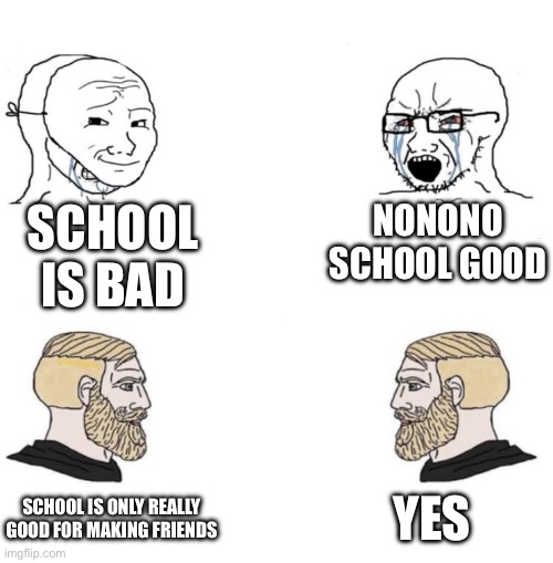 Chad we know | SCHOOL IS BAD; NONONO SCHOOL GOOD; YES; SCHOOL IS ONLY REALLY GOOD FOR MAKING FRIENDS | image tagged in chad we know,school | made w/ Imgflip meme maker