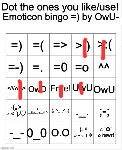 Dot the ones you like/use emoticons bingo by Owu | image tagged in dot the ones you like/use emoticons bingo by owu | made w/ Imgflip meme maker