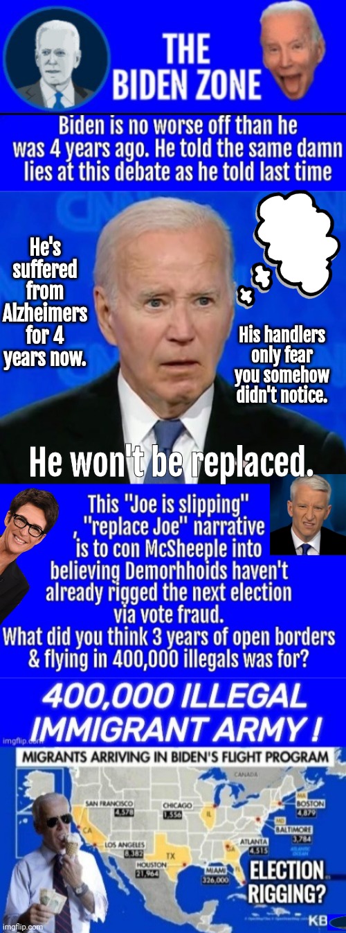 Biden won't be replaced | He's suffered from Alzheimers for 4 years now. His handlers only fear you somehow didn't notice. He won't be replaced. | image tagged in biden zone logo,biden debate,fake news | made w/ Imgflip meme maker