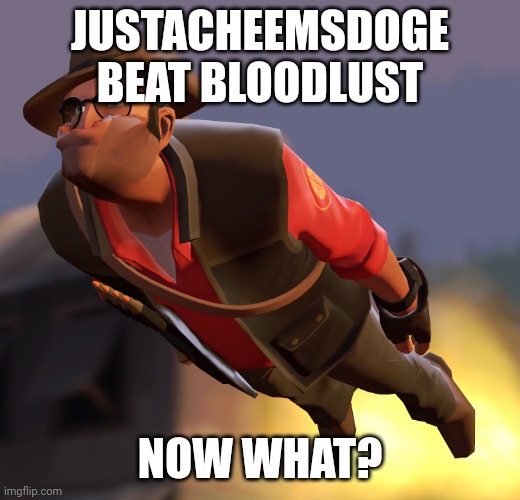 TF2 sniper cruise missle | JUSTACHEEMSDOGE BEAT BLOODLUST NOW WHAT? | image tagged in tf2 sniper cruise missle | made w/ Imgflip meme maker