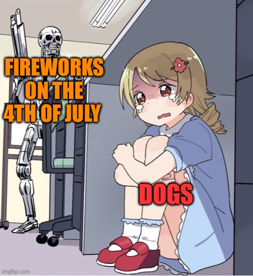 Merica | FIREWORKS ON THE 4TH OF JULY; DOGS | image tagged in anime girl hiding from terminator,4th of july | made w/ Imgflip meme maker