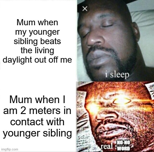 Siblings be like | Mum when my younger sibling beats the living daylight out off me; Mum when I am 2 meters in contact with younger sibling; NO-NO WORD | image tagged in memes,sleeping shaq | made w/ Imgflip meme maker