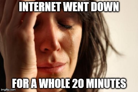 First World Problems Meme | INTERNET WENT DOWN FOR A WHOLE 20 MINUTES | image tagged in memes,first world problems | made w/ Imgflip meme maker