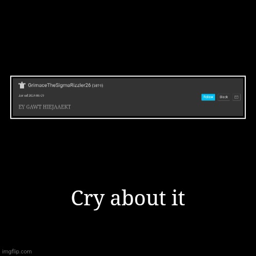 My response to Grimcringe's tagline as one of their hijackers | Cry about it | | image tagged in funny,demotivationals | made w/ Imgflip demotivational maker