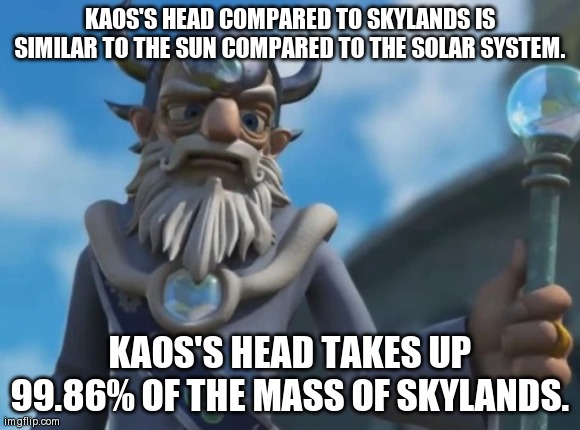 Kaos - Roasted by science! | KAOS'S HEAD COMPARED TO SKYLANDS IS SIMILAR TO THE SUN COMPARED TO THE SOLAR SYSTEM. KAOS'S HEAD TAKES UP 99.86% OF THE MASS OF SKYLANDS. | image tagged in eon | made w/ Imgflip meme maker