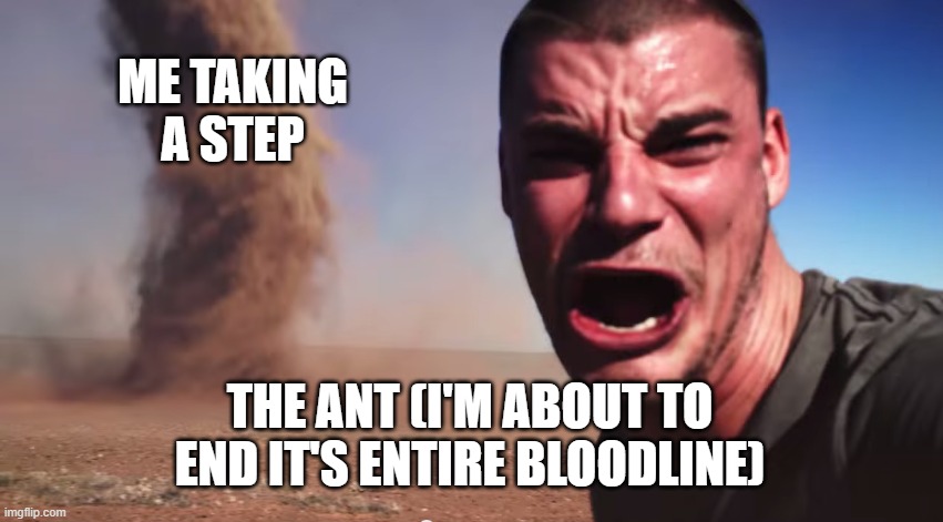 I was just taking a step | ME TAKING A STEP; THE ANT (I'M ABOUT TO END IT'S ENTIRE BLOODLINE) | image tagged in here it comes | made w/ Imgflip meme maker