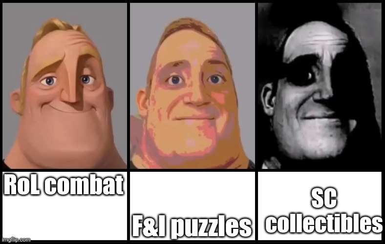 Mr Incredible becoming uncanny 3 phases | RoL combat; F&I puzzles; SC collectibles | image tagged in mr incredible becoming uncanny 3 phases | made w/ Imgflip meme maker