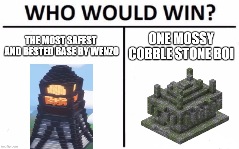 If you were wondering why jugle temples place tripwiries inside walls, this is why. | THE MOST SAFEST  AND BESTED BASE BY WENZO; ONE MOSSY COBBLE STONE BOI | image tagged in memes,who would win | made w/ Imgflip meme maker