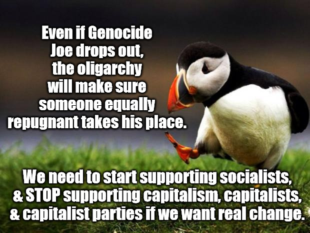 Unpopular Opinion Puffin Meme | Even if Genocide Joe drops out, the oligarchy will make sure someone equally repugnant takes his place. We need to start supporting socialists, & STOP supporting capitalism, capitalists, & capitalist parties if we want real change. | image tagged in memes,unpopular opinion puffin,genocide joe biden,joe biden,capitalism,socialism | made w/ Imgflip meme maker