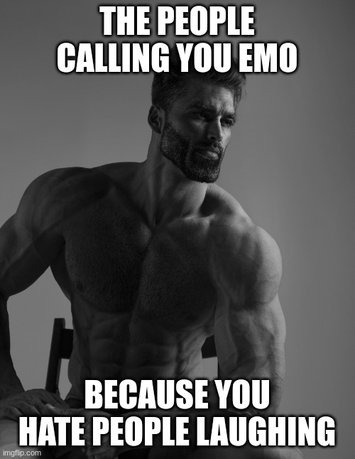 Giga Chad | THE PEOPLE CALLING YOU EMO BECAUSE YOU HATE PEOPLE LAUGHING | image tagged in giga chad | made w/ Imgflip meme maker