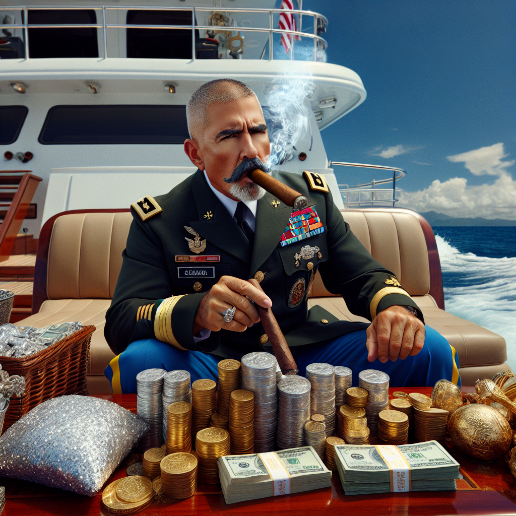 General on Yacht With Piles of Money Blank Meme Template