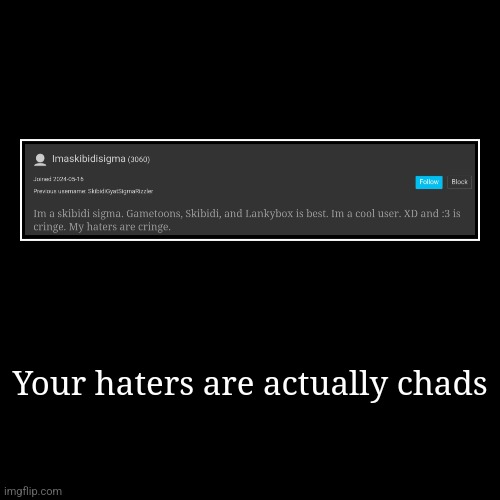 Your haters are actually chads | | image tagged in funny,demotivationals | made w/ Imgflip demotivational maker