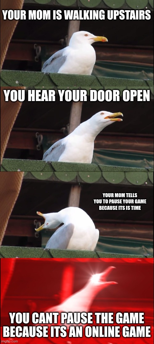 Inhaling Seagull | YOUR MOM IS WALKING UPSTAIRS; YOU HEAR YOUR DOOR OPEN; YOUR MOM TELLS YOU TO PAUSE YOUR GAME BECAUSE ITS IS TIME; YOU CANT PAUSE THE GAME BECAUSE ITS AN ONLINE GAME | image tagged in memes,inhaling seagull | made w/ Imgflip meme maker
