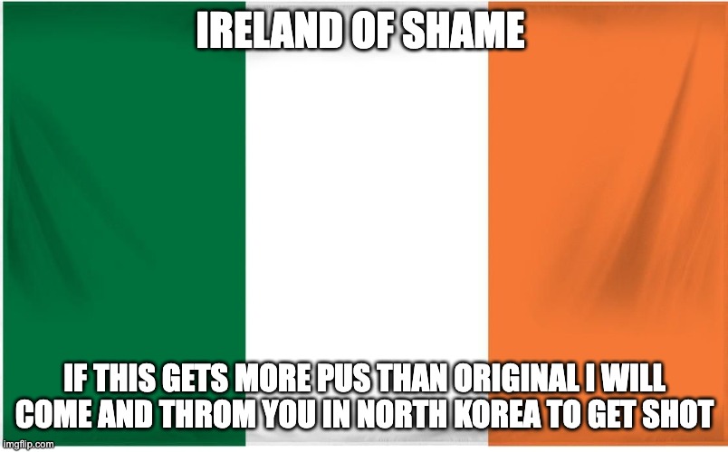 IRELAND OF SHAME IF THIS GETS MORE PUS THAN ORIGINAL I WILL COME AND THROM YOU IN NORTH KOREA TO GET SHOT | image tagged in ireland flag | made w/ Imgflip meme maker