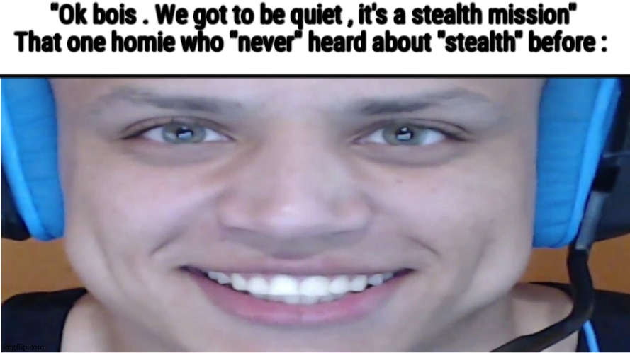 Tyler1 | "Ok bois . We got to be quiet , it's a stealth mission"
That one homie who "never" heard about "stealth" before : | image tagged in tyler1 | made w/ Imgflip meme maker