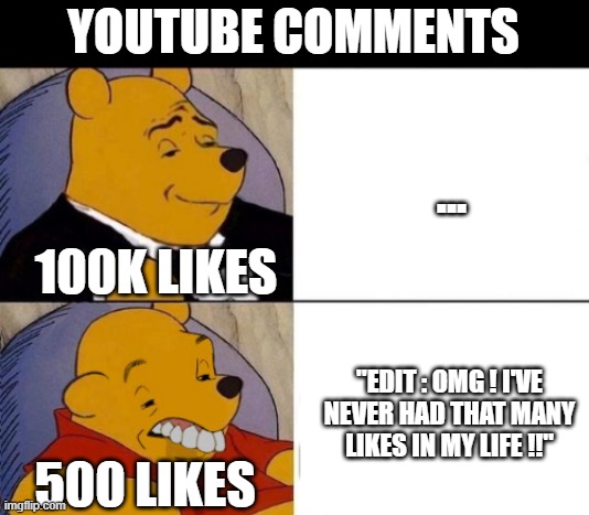 lol | YOUTUBE COMMENTS; ... 100K LIKES; "EDIT : OMG ! I'VE NEVER HAD THAT MANY LIKES IN MY LIFE !!"; 500 LIKES | image tagged in classy and dumb pooh,youtube,comments,likes,lol,haha | made w/ Imgflip meme maker