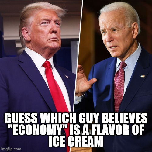 Trump or Biden | GUESS WHICH GUY BELIEVES
"ECONOMY" IS A FLAVOR OF
ICE CREAM | image tagged in trump biden | made w/ Imgflip meme maker