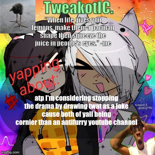 smores 14th announcement temp | atp I'm considering stopping the drama by drawing twat as a joke
cause both of yall being cornier than an antifurry youtube channel | image tagged in smores 14th announcement temp | made w/ Imgflip meme maker