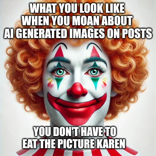 WHAT YOU LOOK LIKE 
WHEN YOU MOAN ABOUT 
AI GENERATED IMAGES ON POSTS; YOU DON'T HAVE TO EAT THE PICTURE KAREN | image tagged in clown,karens,ai,keto ninja | made w/ Imgflip meme maker