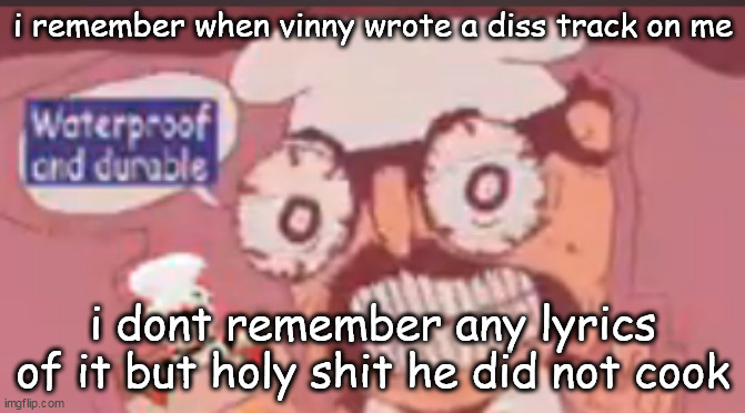 Waterproof and durable | i remember when vinny wrote a diss track on me; i dont remember any lyrics of it but holy shit he did not cook | image tagged in waterproof and durable | made w/ Imgflip meme maker