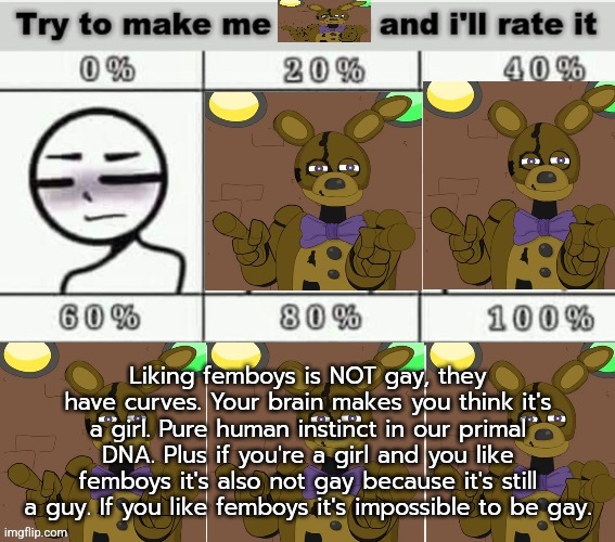 Try to make me springbonnie and I'll rate it | Liking femboys is NOT gay, they have curves. Your brain makes you think it's a girl. Pure human instinct in our primal DNA. Plus if you're a girl and you like femboys it's also not gay because it's still a guy. If you like femboys it's impossible to be gay. | image tagged in try to make me springbonnie and i'll rate it | made w/ Imgflip meme maker