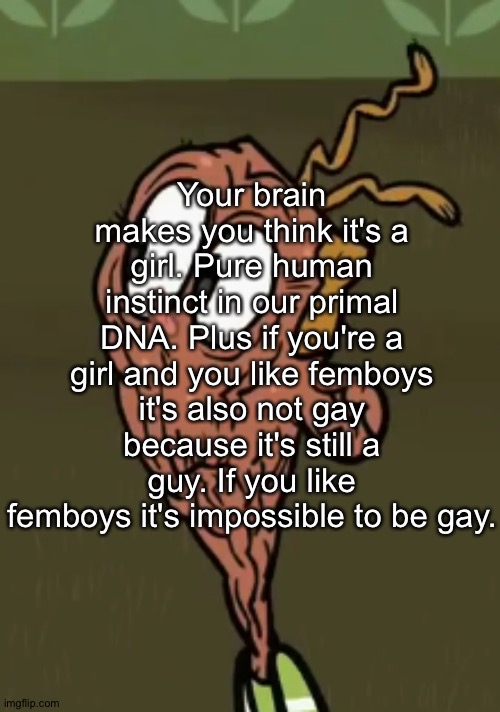 two shoes wild | Your brain makes you think it's a girl. Pure human instinct in our primal DNA. Plus if you're a girl and you like femboys it's also not gay because it's still a guy. If you like femboys it's impossible to be gay. | image tagged in two shoes wild | made w/ Imgflip meme maker