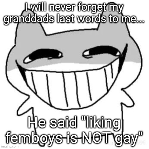 hihi | I will never forget my granddads last words to me... He said "liking femboys is NOT gay" | image tagged in hihi | made w/ Imgflip meme maker