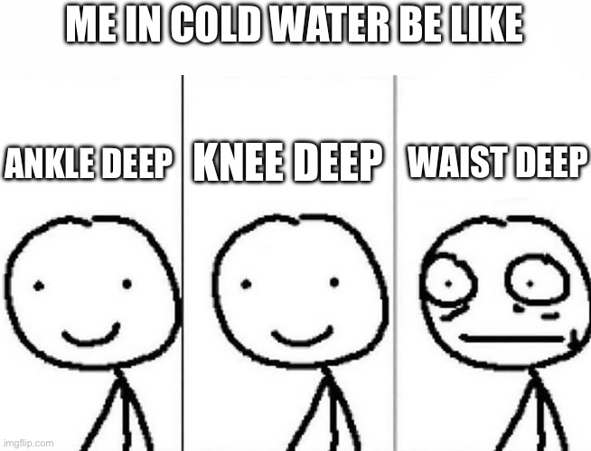 Only boys will get this joke | ME IN COLD WATER BE LIKE; KNEE DEEP; WAIST DEEP; ANKLE DEEP | image tagged in boys,cold,water | made w/ Imgflip meme maker