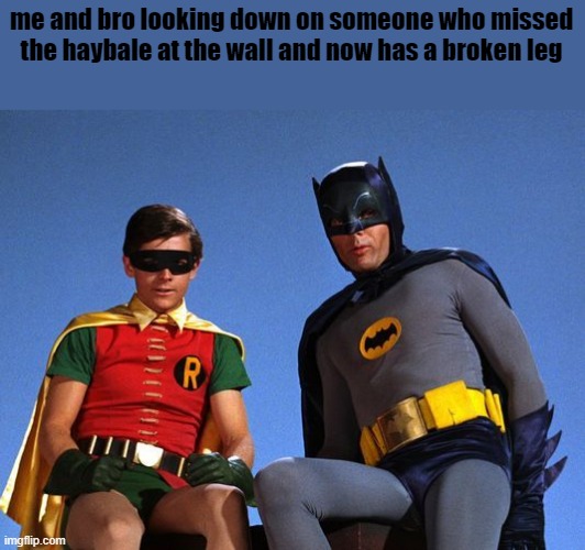 G&B meme | me and bro looking down on someone who missed the haybale at the wall and now has a broken leg | image tagged in batman robin looking down,roblox,guts and blackpowder | made w/ Imgflip meme maker