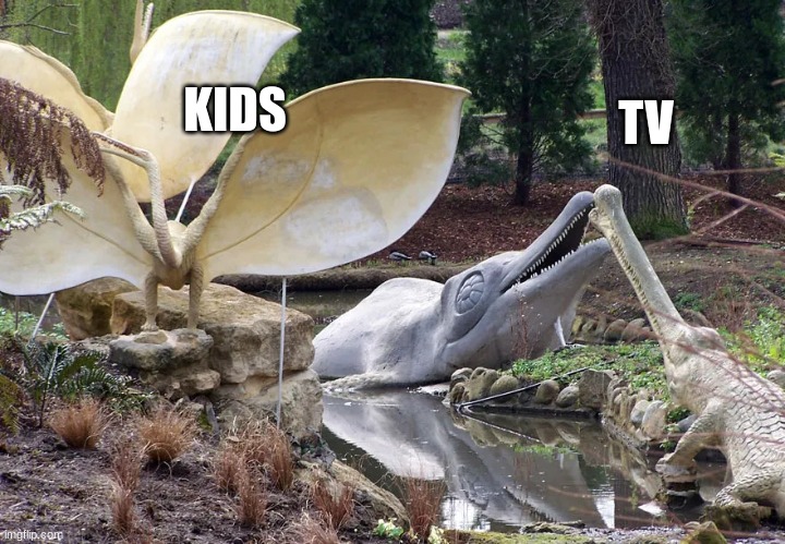 Kids watching TV and looking away from the kiss | KIDS; TV | image tagged in inaccurate dinosaurs | made w/ Imgflip meme maker