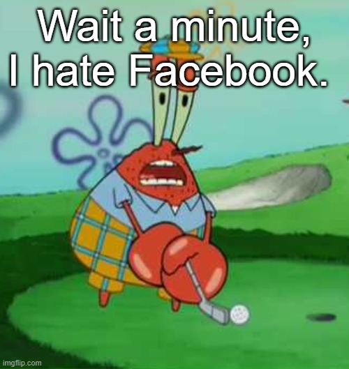 Why tf do i have an acc | Wait a minute, I hate Facebook. | image tagged in wait a minute i hate golf mr krabs | made w/ Imgflip meme maker