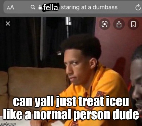 fella staring at a dumbass | can yall just treat iceu like a normal person dude | image tagged in fella staring at a dumbass | made w/ Imgflip meme maker