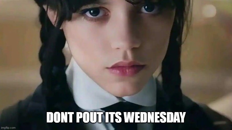 dont pout its wednesday | DONT POUT ITS WEDNESDAY | image tagged in jenny ortega,funny,wednesday,wednesday addams,pout | made w/ Imgflip meme maker