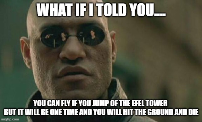 Matrix Morpheus | WHAT IF I TOLD YOU.... YOU CAN FLY IF YOU JUMP OF THE EFEL TOWER 
BUT IT WILL BE ONE TIME AND YOU WILL HIT THE GROUND AND DIE | image tagged in memes,matrix morpheus | made w/ Imgflip meme maker