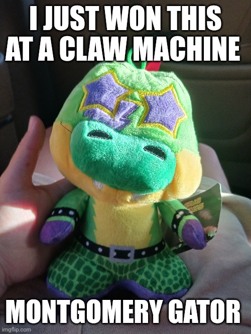 Montgomery gator | I JUST WON THIS AT A CLAW MACHINE; MONTGOMERY GATOR | image tagged in fnaf,five nights at freddys,fnaf security breach | made w/ Imgflip meme maker