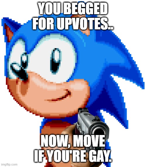 YOU BEGGED FOR UPVOTES.. NOW, MOVE IF YOU'RE GAY. | image tagged in sonic with a gun | made w/ Imgflip meme maker