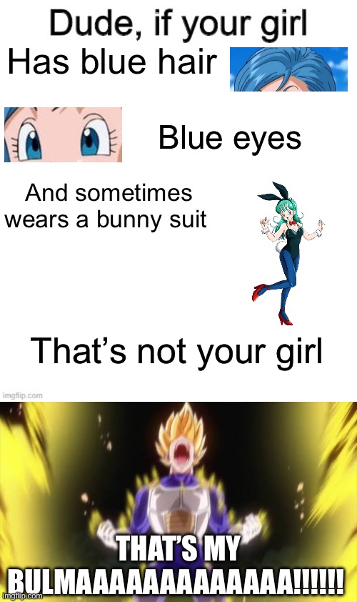 How dare you touch my BULMAAAAAAAAAA!!!!!! | Has blue hair; Blue eyes; And sometimes wears a bunny suit; That’s not your girl; THAT’S MY BULMAAAAAAAAAAAAA!!!!!! | image tagged in dude if your girl,dragon ball z | made w/ Imgflip meme maker