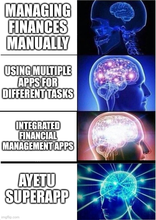 Expanding Brain Meme | MANAGING FINANCES MANUALLY; USING MULTIPLE APPS FOR DIFFERENT TASKS; INTEGRATED FINANCIAL MANAGEMENT APPS; AYETU SUPERAPP | image tagged in memes,expanding brain | made w/ Imgflip meme maker
