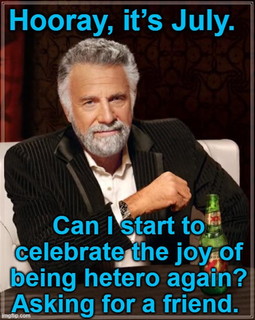 Heterosexual Pride Months | Hooray, it’s July. Can I start to celebrate the joy of being hetero again?  Asking for a friend. | image tagged in i don't always meme,gay pride,hold my beer,the most interesting man in the world,family values,so true meme | made w/ Imgflip meme maker