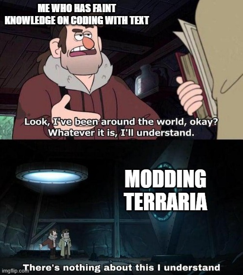 If anyone has any sort of experience with modding, please help me. | ME WHO HAS FAINT KNOWLEDGE ON CODING WITH TEXT; MODDING TERRARIA | image tagged in gravity falls understanding,terraria,help me | made w/ Imgflip meme maker