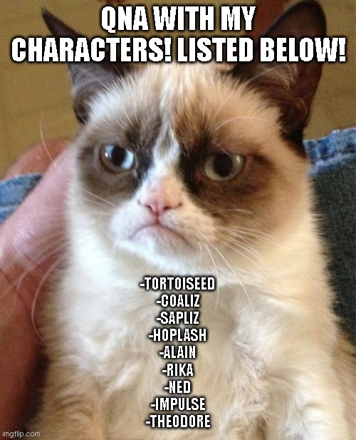 It's kinda late where I am so I might respond tomorrow | QNA WITH MY CHARACTERS! LISTED BELOW! -TORTOISEED
-COALIZ
-SAPLIZ
-HOPLASH
-ALAIN
-RIKA
-NED
-IMPULSE
-THEODORE | image tagged in memes,grumpy cat | made w/ Imgflip meme maker