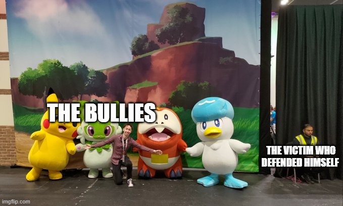 f*** school logic | THE BULLIES; THE VICTIM WHO DEFENDED HIMSELF | image tagged in rtgame taking a photo security guard is not amused | made w/ Imgflip meme maker