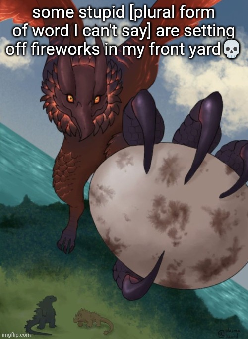 That fucking bird that I hate: | some stupid [plural form of word I can't say] are setting off fireworks in my front yard💀 | image tagged in that fucking bird that i hate | made w/ Imgflip meme maker