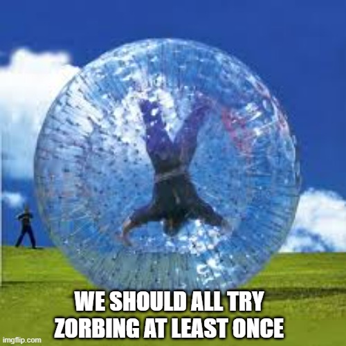 memes by Brad - Have you ever tried Zorbing for sport? | WE SHOULD ALL TRY ZORBING AT LEAST ONCE | image tagged in funny,sports,extreme sports,humor,fun,funny meme | made w/ Imgflip meme maker