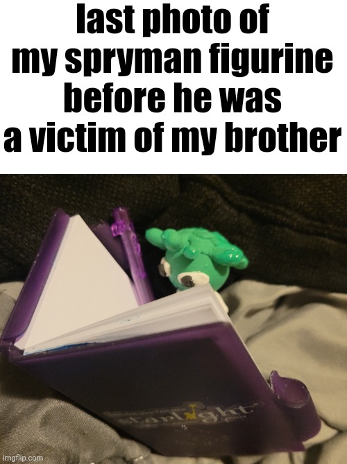 last photo of my spryman figurine before he was a victim of my brother | made w/ Imgflip meme maker