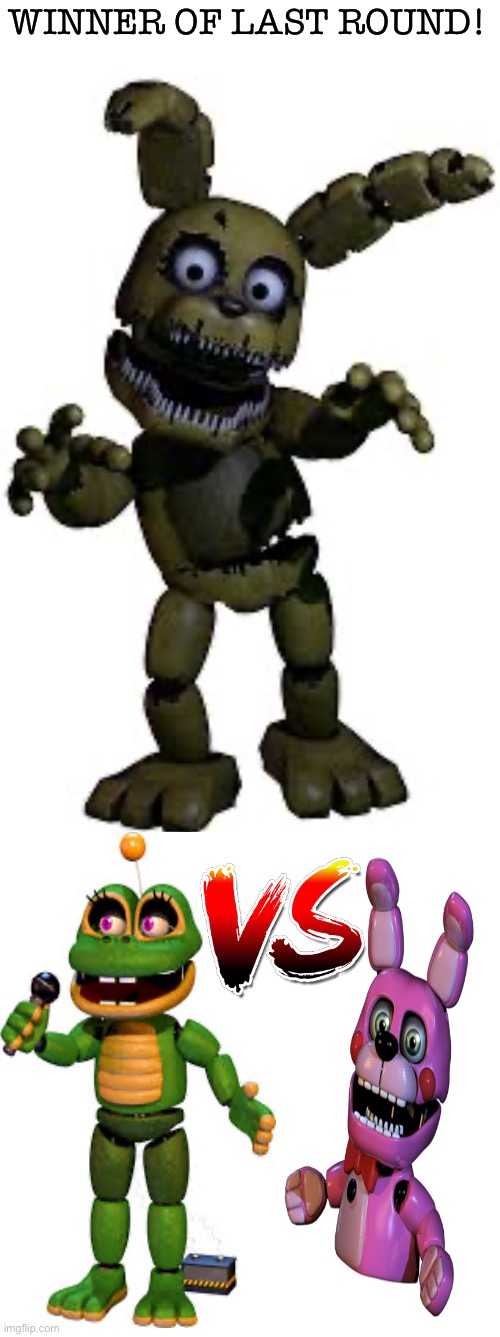 Plushtrap wins by a mile! Next round is Happy Frog and Bonnet! | WINNER OF LAST ROUND! | image tagged in fnaf,jumpscare,tournament | made w/ Imgflip meme maker