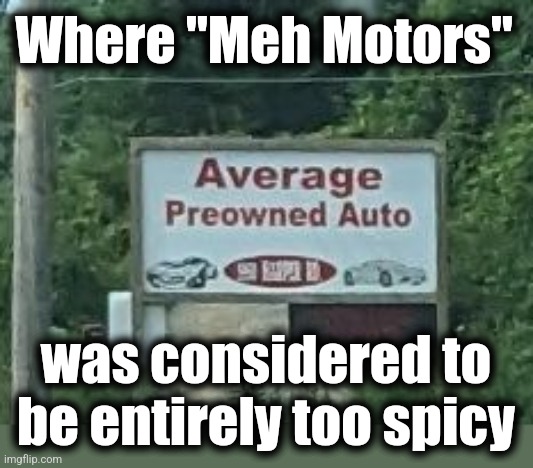 Average Preowned Auto | Where "Meh Motors"; was considered to be entirely too spicy | image tagged in memes,average preowned auto,meh motors,used cars | made w/ Imgflip meme maker