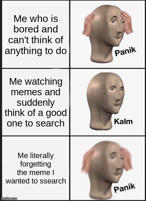 Um, yeah. Is anyone like this on YouTube? | Me who is bored and can't think of anything to do; Me watching memes and suddenly think of a good one to search; Me literally forgetting the meme I wanted to ssearch | image tagged in memes,panik kalm panik | made w/ Imgflip meme maker